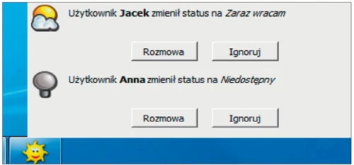 Jeśli włączymy wyświetlanie powiadomień, przygotujmy się na to, że pojawiają się one po każdej zmianie statusu znajomego i zajmują sporo miejsca na ekranie