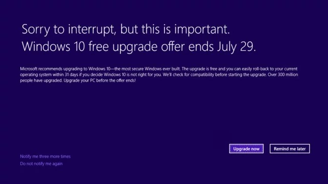 Pełnoekranowe powiadomienie o aktualizacji do Windows 10