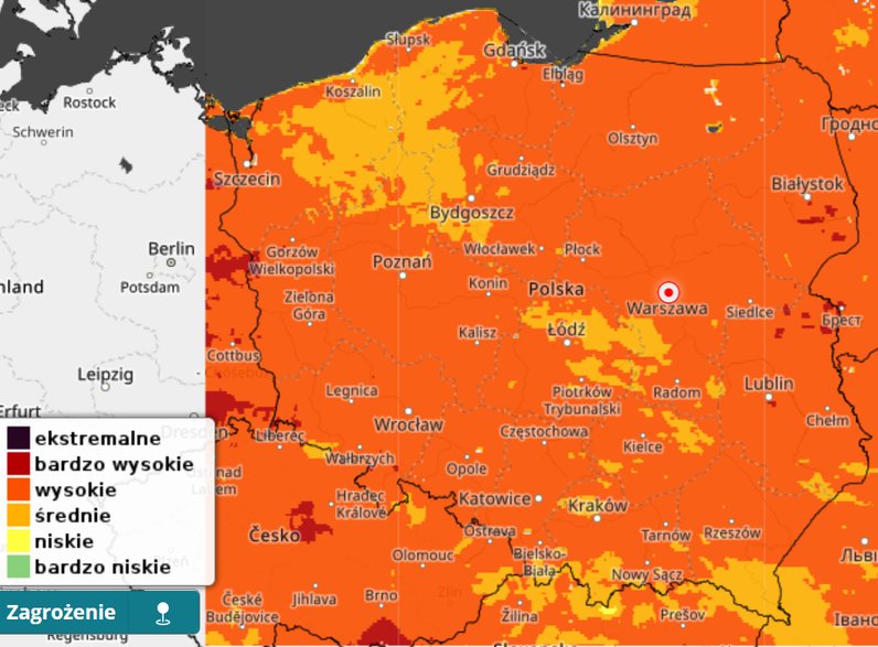 Zagrożenie pożarowe w poniedziałek