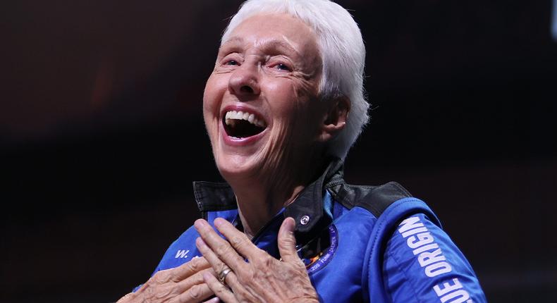 Blue Origins New Shepard crew member Wally Funk speaks during a press conference after flying into space in the Blue Origin New Shepard rocket on July 20, 2021 in Van Horn, Texas.
