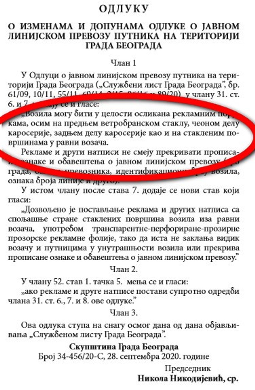 Odluka o reklamama na vozilima gradskog prevoza