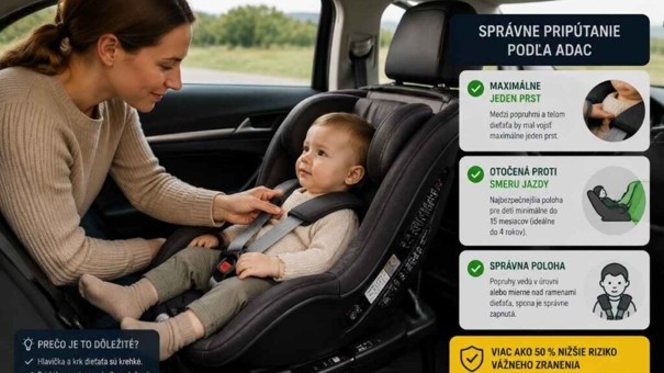 Detailný pohľad na detskú autosedačku otočenú proti smeru jazdy na zadnom sedadle slovenského rodinného SUV, kde matka kontroluje napnutie integrovaných pásov tak, aby pod popruh vošiel maximálne jeden prst – ilustrácia správneho pripútania batoľaťa podľa odporúčaní ADAC, ktoré znižuje riziko vážneho zranenia pri čelnom náraze o viac ako polovicu. 