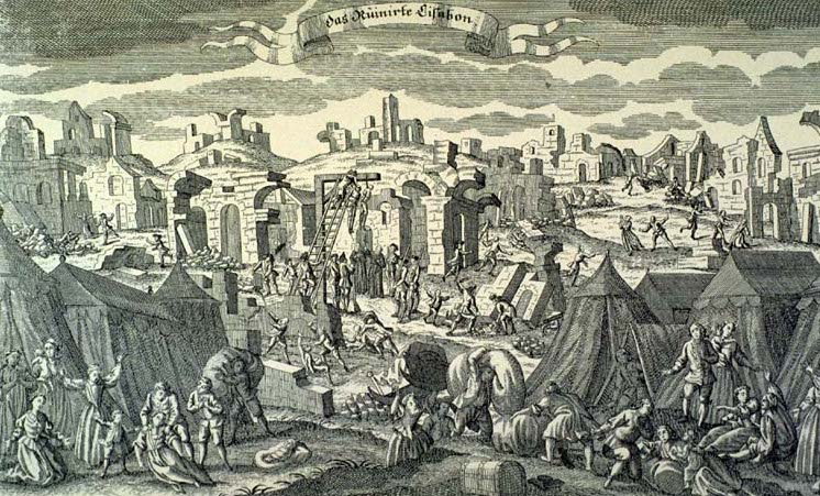 XVIII-wieczny niemiecki drzeworyt, przedstawiający Lizbonę po kataklizmie
