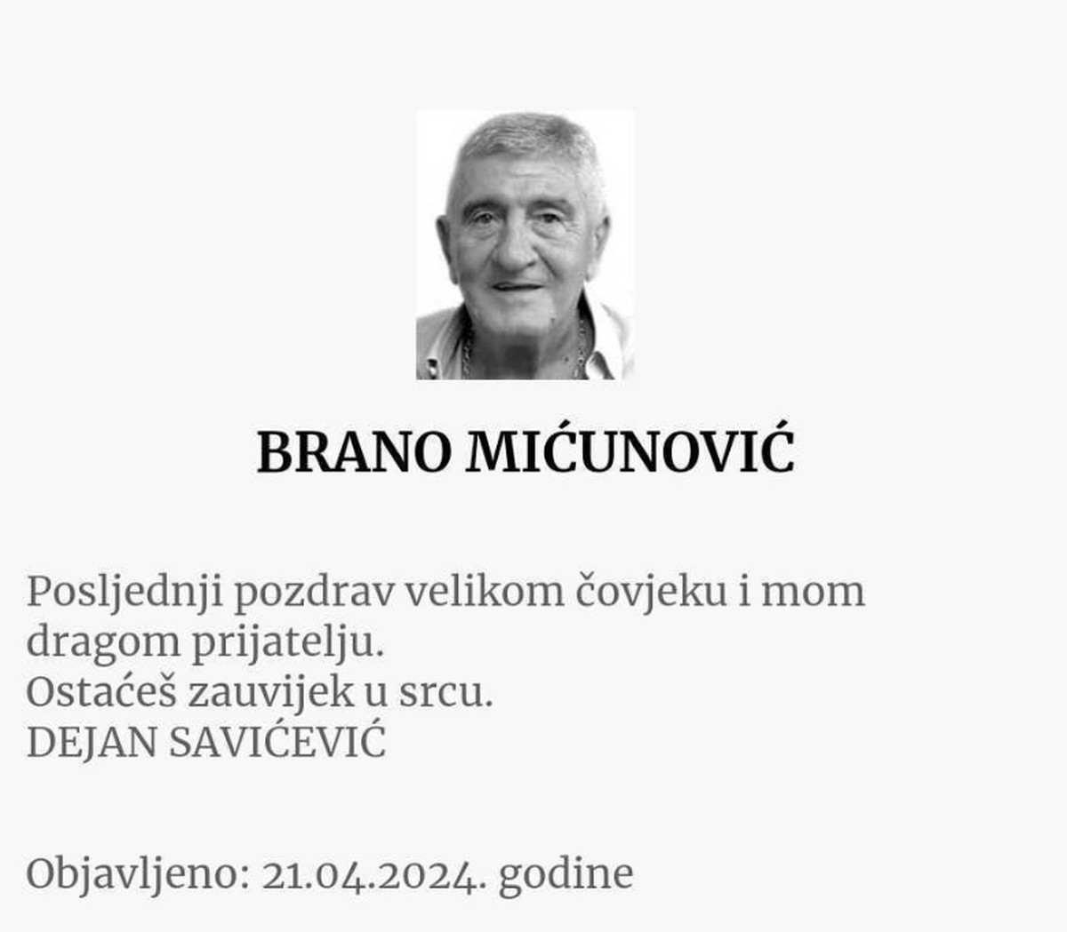 Dejan Savićević čitulja za Brana Mićunovića