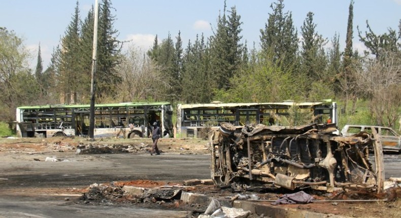 A picture taken on April 16, 2017, shows the damage a day after a suicide car bombing in Rashidin targeted buses carrying Syrians evacuated from the besieged government-held towns of Fuaa and Kafraya