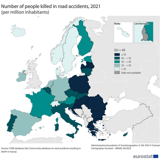 Wskaźniki śmiertelności na drogach w Europie w 2021 r.