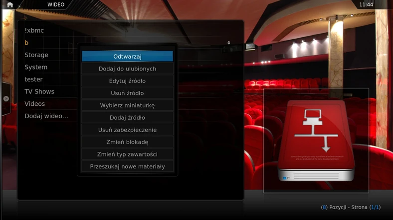 XBMC – menu kontekstowe, filmy. Kłódka przy źródle b oznacza zabezpieczenie