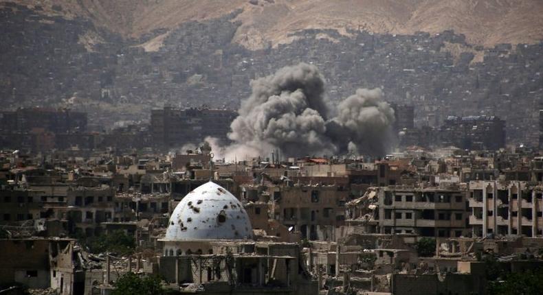 Jobar, a rebel-held district on the eastern outskirts of the Syrian capital Damascus, was hit by an air strike on April 29, 2017.