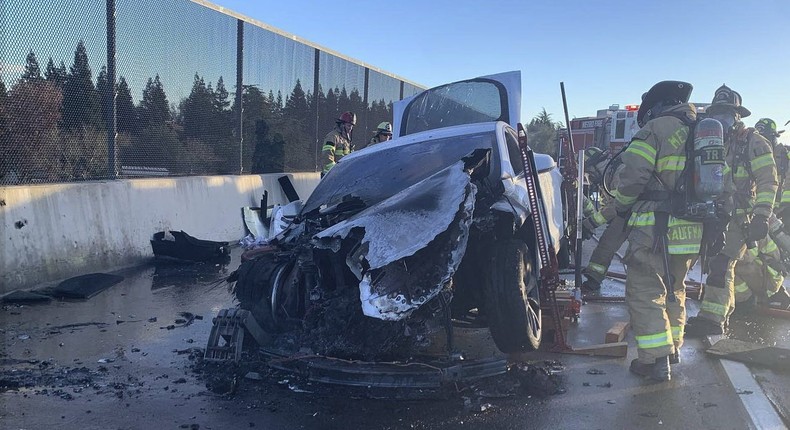 A Tesla Model S caught fire on the eastbound highway at Sunrise Blvd on January 28, 2023.Courtesy of Sacramento Metropolitan Fire District