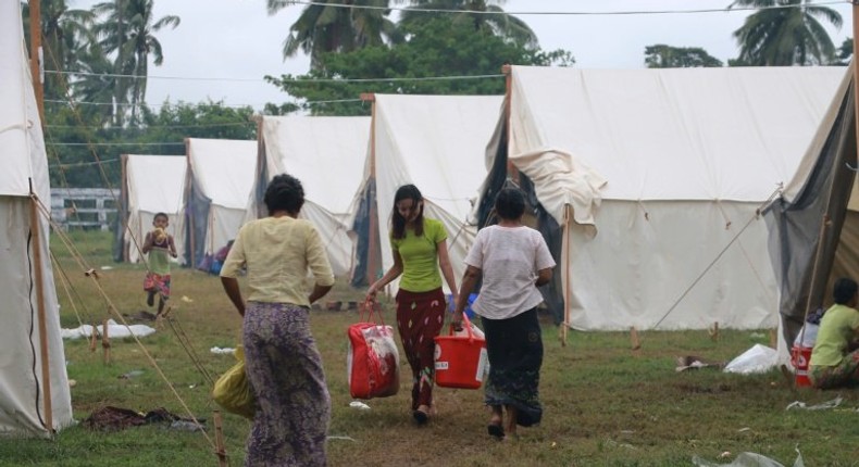 Displaced Rakhine residents are housed in tents at an evacuation center in Sittwe, the capital of western Myanmar's Rakhine State