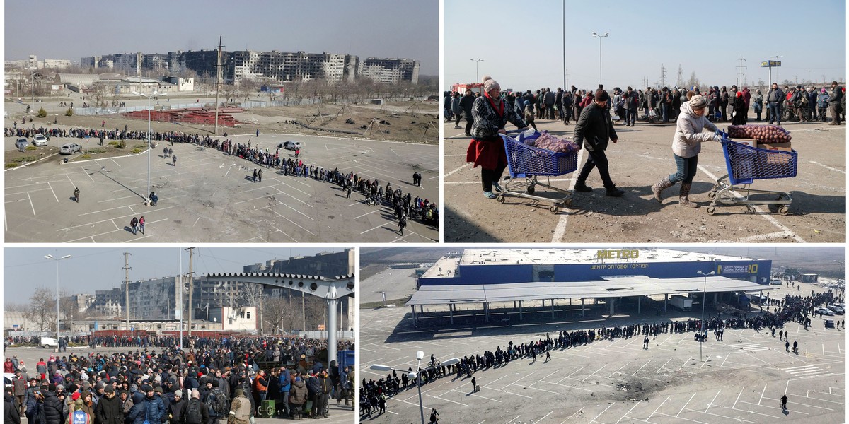 Mariupol. Długie kolejki po otrzymanie pomocy humanitarnej. 