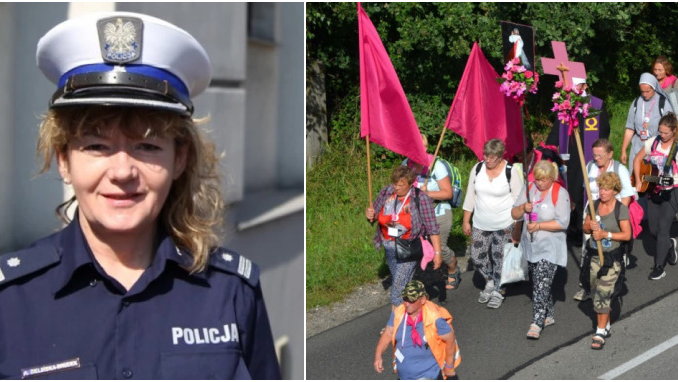 Policjantka Anna Zielińska-Brudek. Na zdjęciu po prawej niesie krzyż (okolice Buska Zdrój, w drodze do Częstochowy, pielgrzymka 2018 r.