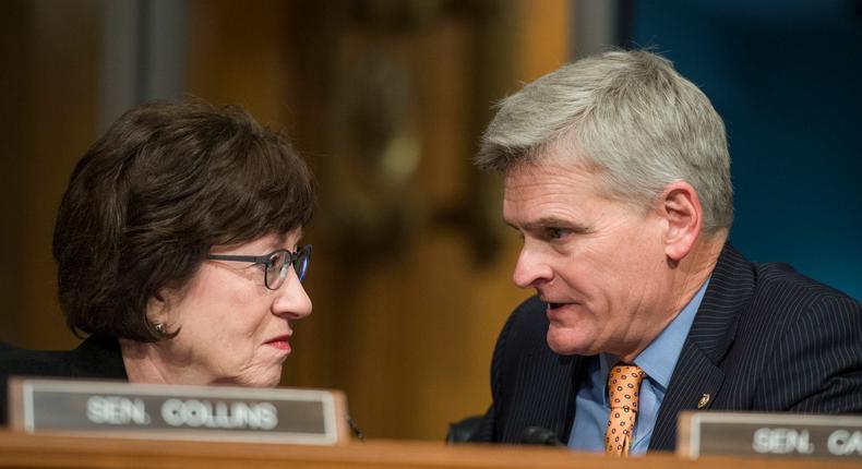 Republican Sens. Susan Collins of Maine and Bill Cassidy of Louisiana at a hearing on Capitol Hill in March 2017.Tom Williams/CQ Roll Call