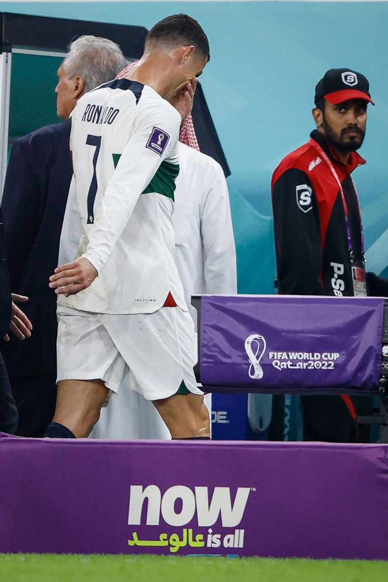 Cristiano Ronaldo of Portugal leaves the field crying after the match between Morocco and Portugal, valid for the quarterfinals of the World Cup on December 10, 2022.
