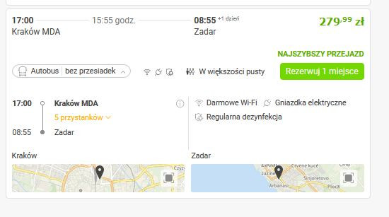 Przykład bezpośredniego połączenia Kraków-Zadar na 22 sierpnia br.