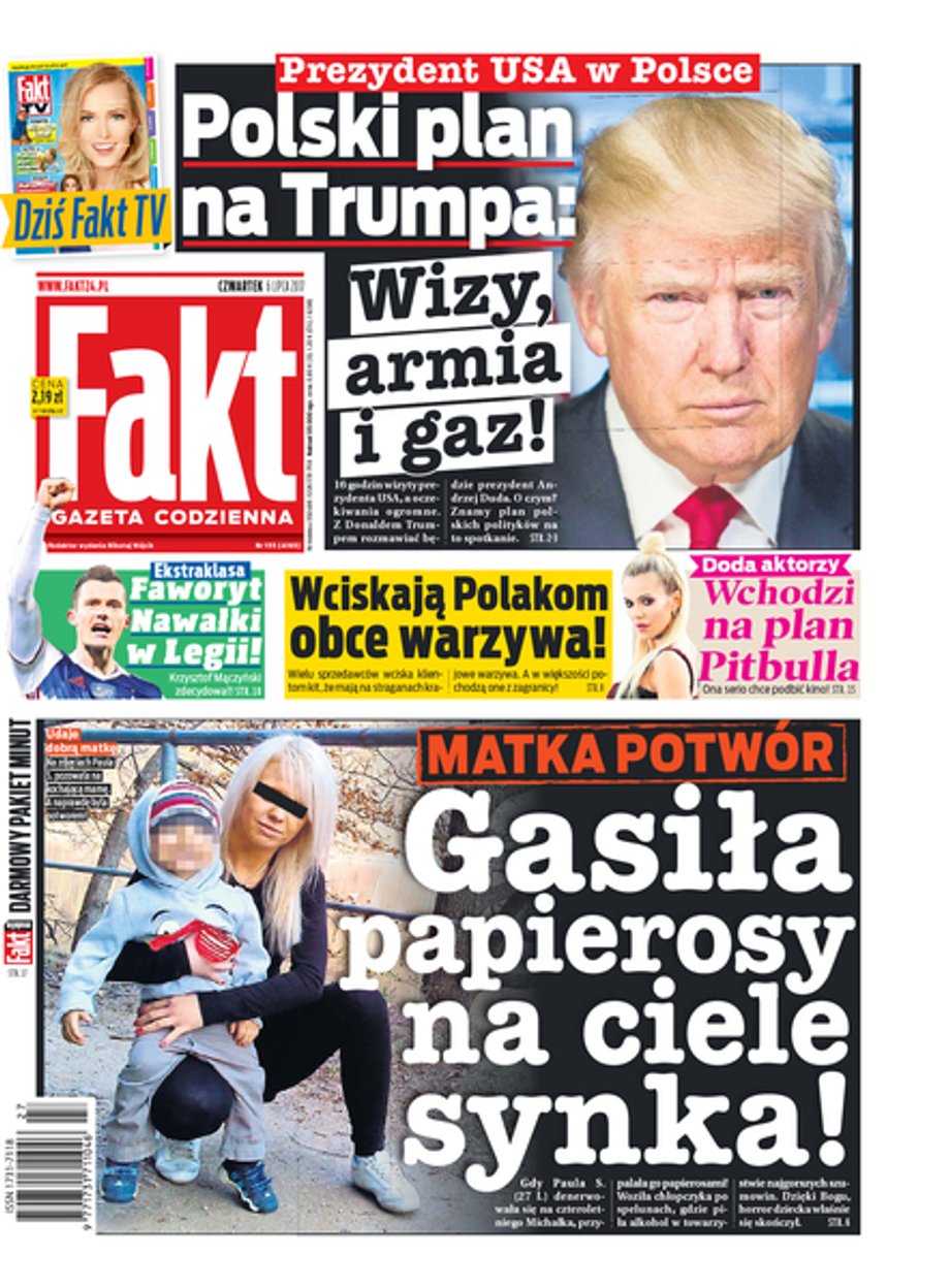 Fakt. Gazeta Codzienna na pierwszej stronie pisze o "polskim planie na Trumpa", który zawiera się w trzech słowach: wizy, armia, gaz