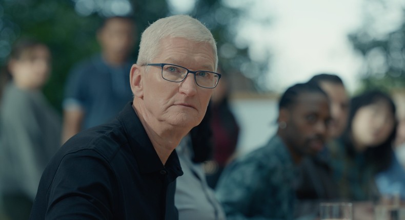 Tim Cook in full-on acting mode during Apple's iPhone 15 event.Screenshot livestream of Apple's launch event.