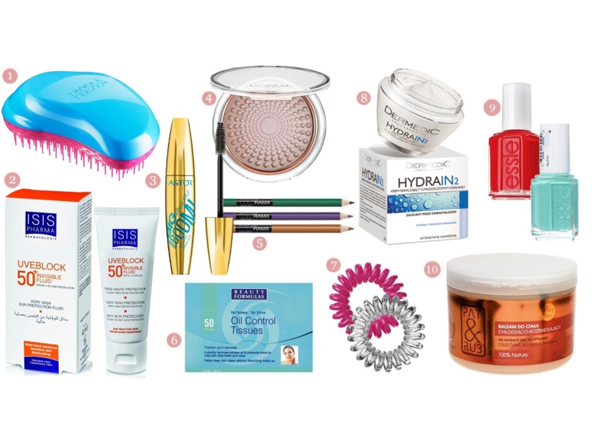 1.Szczotka Tangle Teezer Original, cena ok. 28 zł; 2.Fluid koloryzujący z filtrem SPF 50 + Isispharma, cena ok. 59 zł; 3.Wodoodporny tusz do rzęs Astor Big&Beautiful Boom! nr 800 12 ml, cena ok. 22 zł; 4.Puder rozświetlający Loreal Lumi Magique nr 03, cena ok. 35 zł; 5.Kredka do oczu Maybelline New York Colorama Crayon Khol, cena ok. 10 zł; 6.Beauty Formulas Clear Skin x50, cena ok. 17 zł; 7.Gumki do włosów InvisiBobble x3, cena od 14 zł; 8.Nawilżający krem do twarzy Dermedic Hydrain 2 50 ml, cena ok. 25 zł; 9.Lakier Essie 13.5 ml, cena ok.31 zł; 10.Balsam chłodząco – rozświetlający Pat&Rub, cena ok. 84 zł.