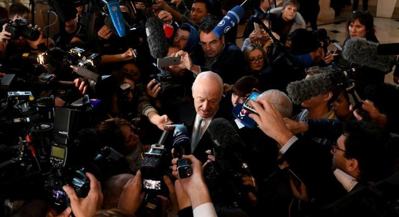 UN envoy for Syria Staffan de Mistura speaks to the media during the peace talks between the government and opposition at Astana's Rixos President Hotel on January 24, 2017