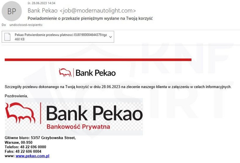 Wiadomość e-mail podszywająca się pod Bank Pekao SA, dystrybucja złośliwego oprogramowania.