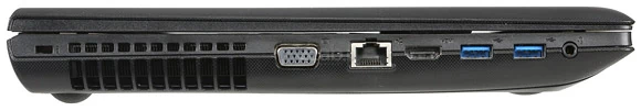 Lewa strona: zamek Kensington, D-sub, RJ-45, HDMI, 2 × USB 3.0, audio