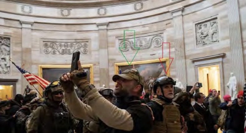 Kenneth Harrelson, pictured below the green arrow, entered the Capitol in a military-style stack formation on January 6, 2021, prosecutors say.US attorney's office in Washington, DC