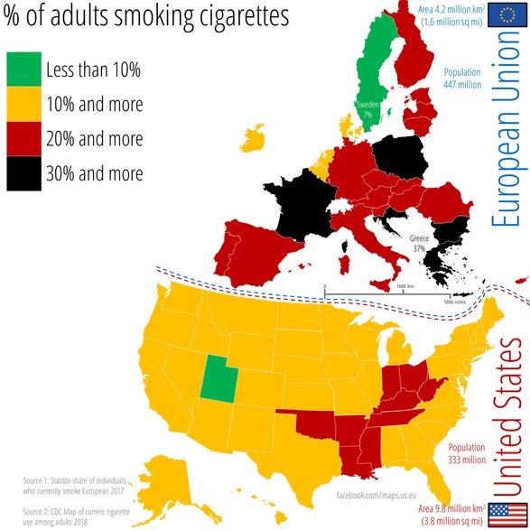 Odsetek osób dorosłych palących papierosy w USA i Unii Europejskiej. Na zielono w Ameryce stan Utah. Mapa autorstwa Maps US-EU https://www.facebook.com/maps.us.eu/