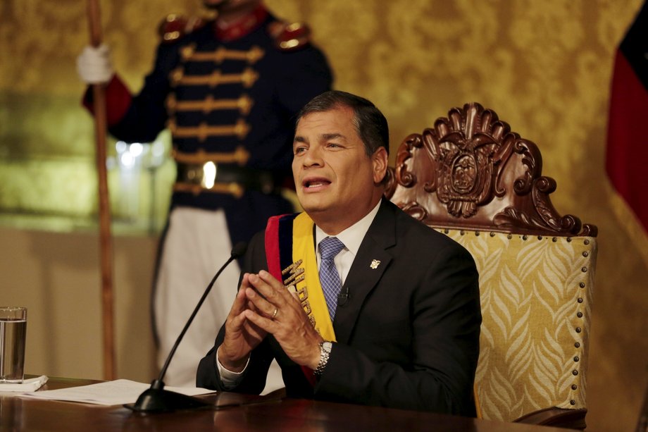 Ecuadorean President Rafael Correa addresses the nation from Carondelet Palace in Quito, June 15, 2015.