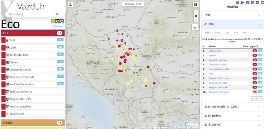 Mapa aplikacije xEco pokazuje 24-časovno i satno aerozagađenje na nekoliko područja