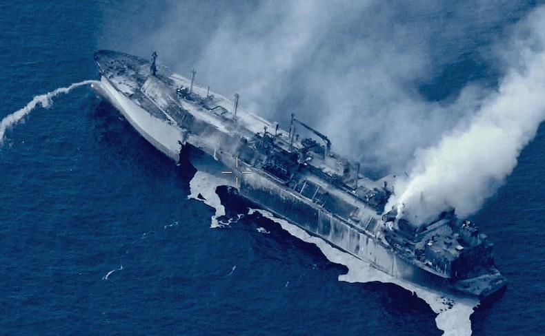 Aerial view of the damaged Arctic Metagaz tanker drifting in the Mediterranean Sea after an attack, raising fears of a potential environmental disaster near Libya’s coast. [@NavyLookout]