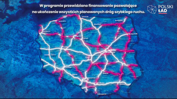 Sieć dróg w Polsce - na biało - istniejące, na czerwono - planowane. Źródło: KPRM