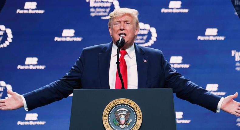 President Donald Trump gestures as he gives a speech at the American Farm Bureau Federation's Annual Convention and Trade Show in Austin, Texas, January 19, 2020.JPG