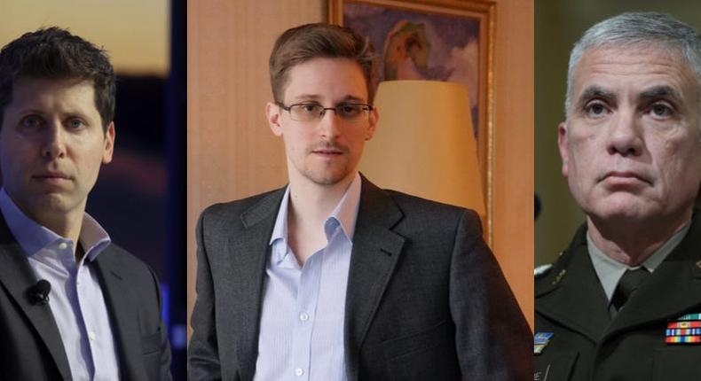 A composite photo of OpenAI CEO Sam Altman, Edward Snowden, and former NSA head Paul Nakasone.Getty Images