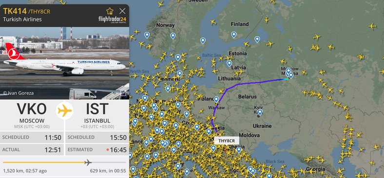Samolot z Moskwy do Stambułu w sobotę nad Polską