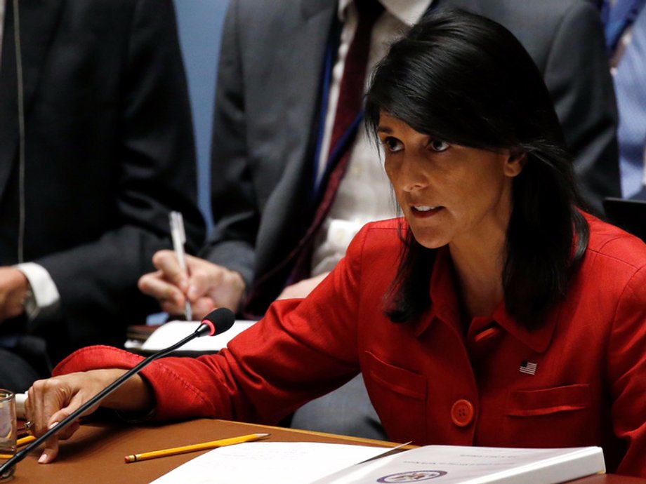 US Ambassador to the United Nations Nikki Haley directs comments to the Russian delegation at the conclusion of a UN Security Council meeting to discuss the recent ballistic missile launch by North Korea at U.N. headquarters in New York