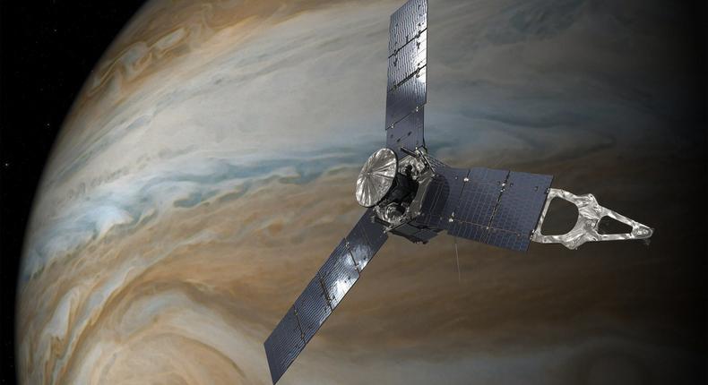 An illustration of NASA's Juno probe at Jupiter.