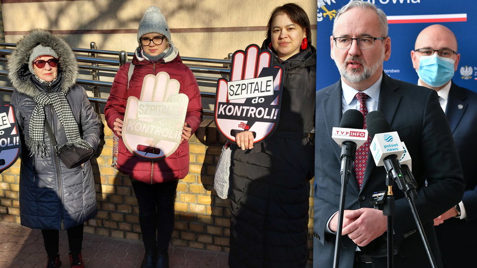 Protest pod białostockim NFZ-em oraz minister zdrowia Adam Niedzielski i rzecznik praw pacjenta Bartłomiej Łukasz Chmielowiec