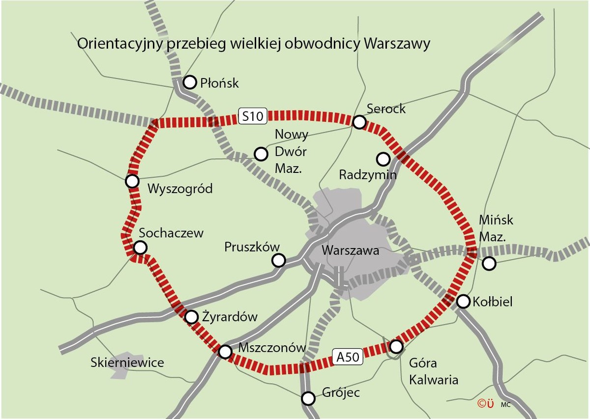 Orientacyjny przebieg wielkiej obwodnicy Warszawy