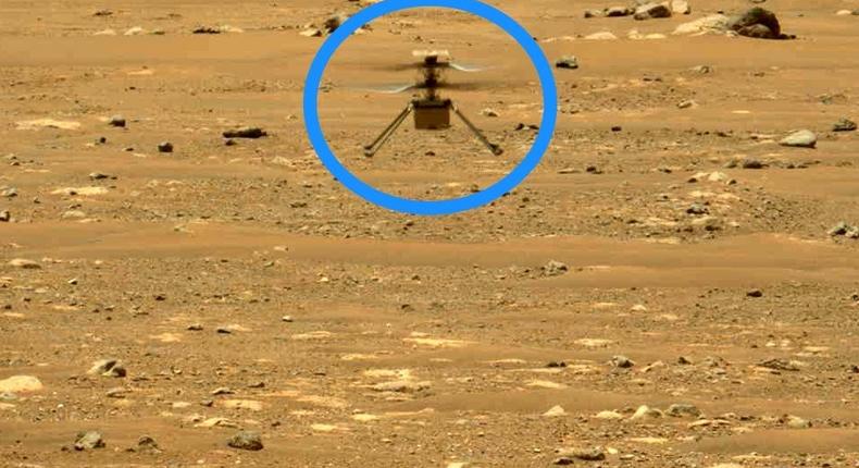 The Perseverance rover captured Ingenuity in mid-air during its second flight on April 22, 2021.
