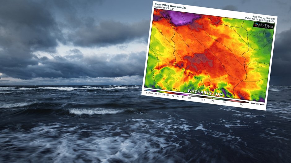 Nad morzem wiatr może osiągać w porywach 100 km na godz.