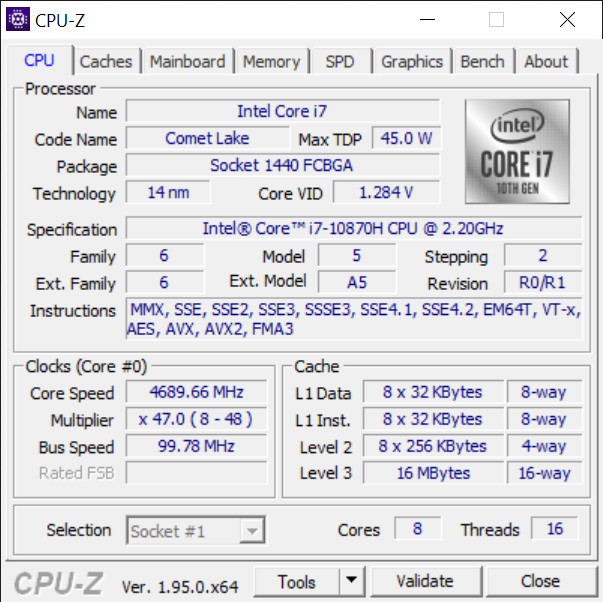 MSI GS66 Stealth (10UH) – CPU-Z – specyfikacja Intel Core i7-10870H