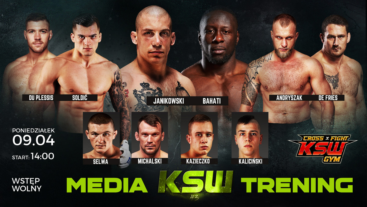 Już w poniedziałek 9 kwietnia w KSW Cross Fight Gym, ul. Rydygiera 19 w Warszawie odbędzie się oficjalny trening medialny przed galą KSW 43. Trening zacznie się o godzinie 14:00 i jak zawsze będzie otwarty dla kibiców.