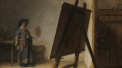 Rembrandt, „Artysta w swojej pracowni, ok. 1628 r., deska, 24,8 x 31,7 cm, Museum of Fine Arts, Boston