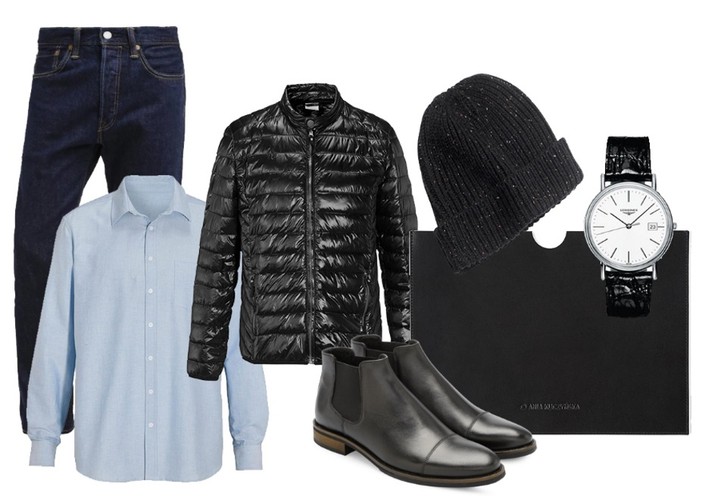 Prezenty dla modnego mężczyzny; Kurtka, Cellbes.pl, 279 zł; Spodnie, Levis, 299 zł, Koszula, Cellbes.pl, 119 zł, Sztyblety, Ryłko, 399.99 zł, Teczka skórzana, Ania Kuczyńska, 445 zł, Czapka, Cellbes.pl, 49 zł, Zegarek, Longines, 2910 zł