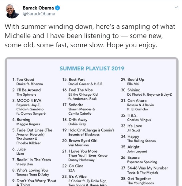 Barack Obama released his summer playlist for 2019 on Saturday, August 24. [Twitter/barack obama]