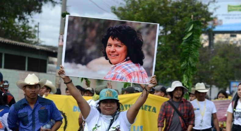 Activists protest demanding justice in the case of the murder of indigenous enviromentalist Berta Caceres in the first anniversary of her demise, in Tegucigalpa, on March 1, 2017