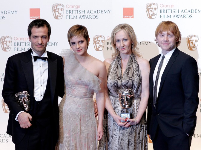 Producent David Heyman, brytyjska aktorka Emma Watson, pisarka J.K. Rowling i brytyjski aktor Rupert Grint