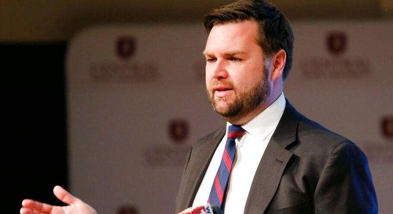 Ohio Republican Senate candidate JD Vance speaks to reporters following a GOP debate at Central State University in Wilberforce, Ohio, on March 28, 2022.