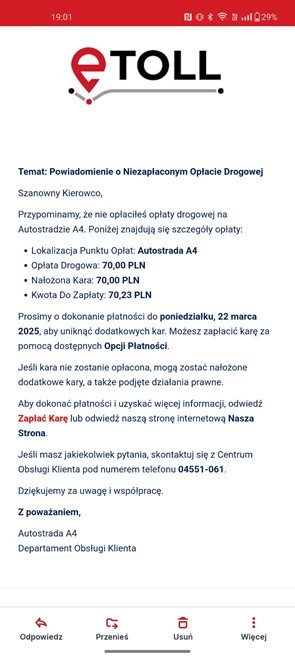 Krajowa Administracja Skarbowa (KAS) ostrzega przed oszustami, którzy wysyłają fałszywe wiadomości SMS, dotyczące płatności w e-TOLL