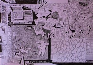 Pitanje nadahnuća - nema veze, imaš posao, fajnlajner na papiru, 50x70 cm, 2024